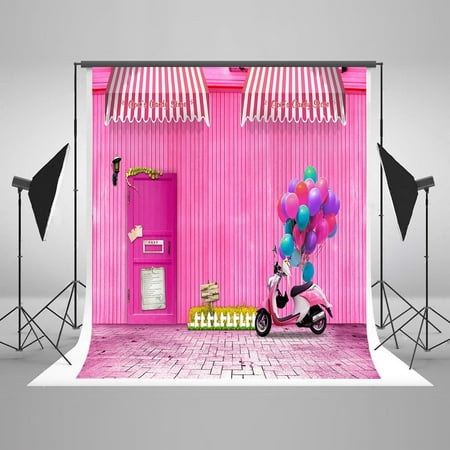 Image of MOHome 5x7ft Pink Wall Brick Road Colorful Balloons Baby Birthday Party Wedding Decorations Photo Backdrop Photography Studio Background