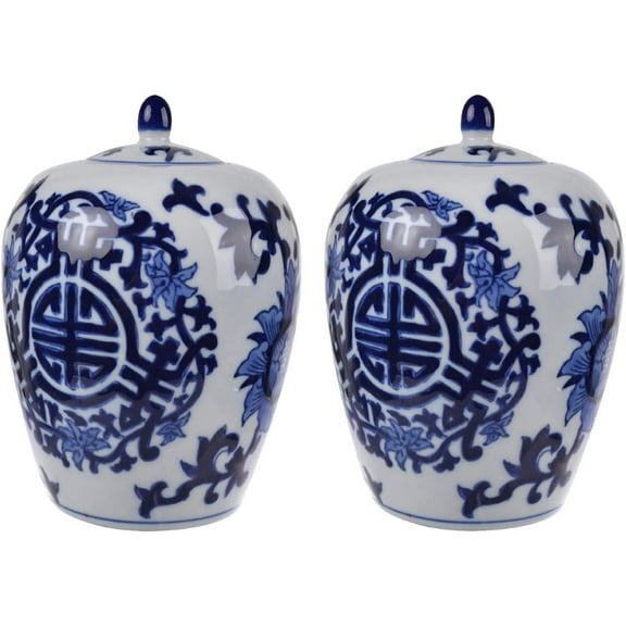 A&B Home Ginger Jars for Home - 6" Blue and White Porcelain Vase, Ancient Floral Pattern Ceramic Jar with Lid, Bedroom Living Room Console Table Accent Kitchen Dining Table Centerpiece, Set of 2