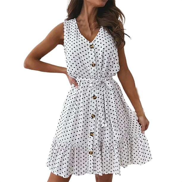 Vestido sexy para mujer sin mangas con cuello en V y lunares con botones en la parte delantera y cinturón Fridja nalpqowj4768