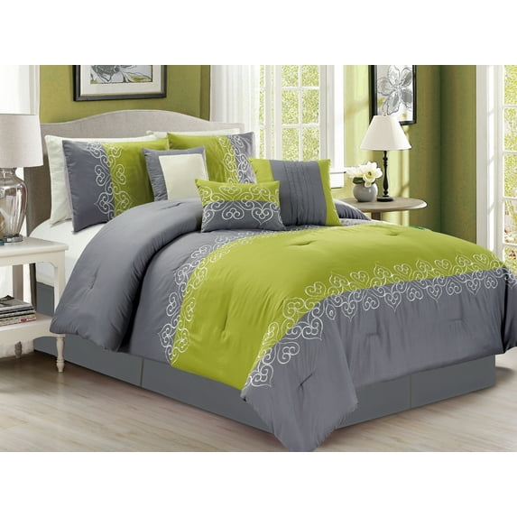 7-Pc Alice Scroll Floral Heart Spade Clover Embroidery Comforter Set Gray Green King