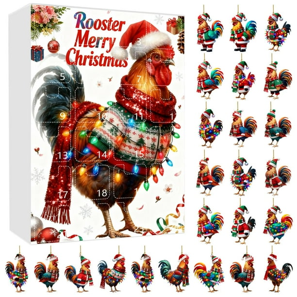 Adorno de calendario de Adviento: adorno de gallo con gorro y bufanda de Papá Noel 24 adornos de gallo en 2D