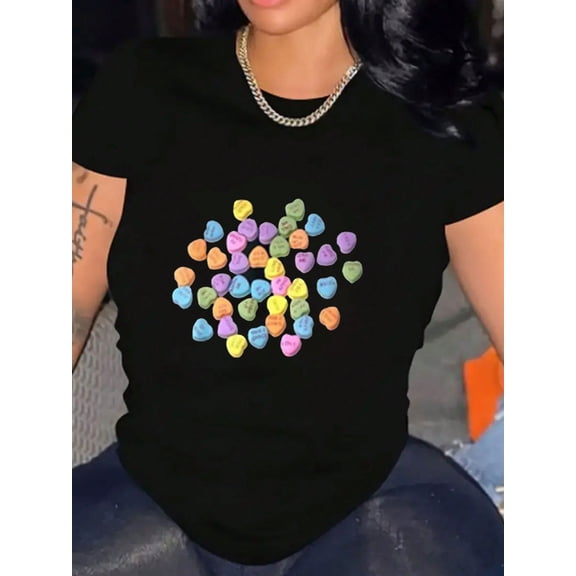 Pastel Conversation Heart Valentine's Day Love Women Short Sleeve Crew Neck Tee Shirt