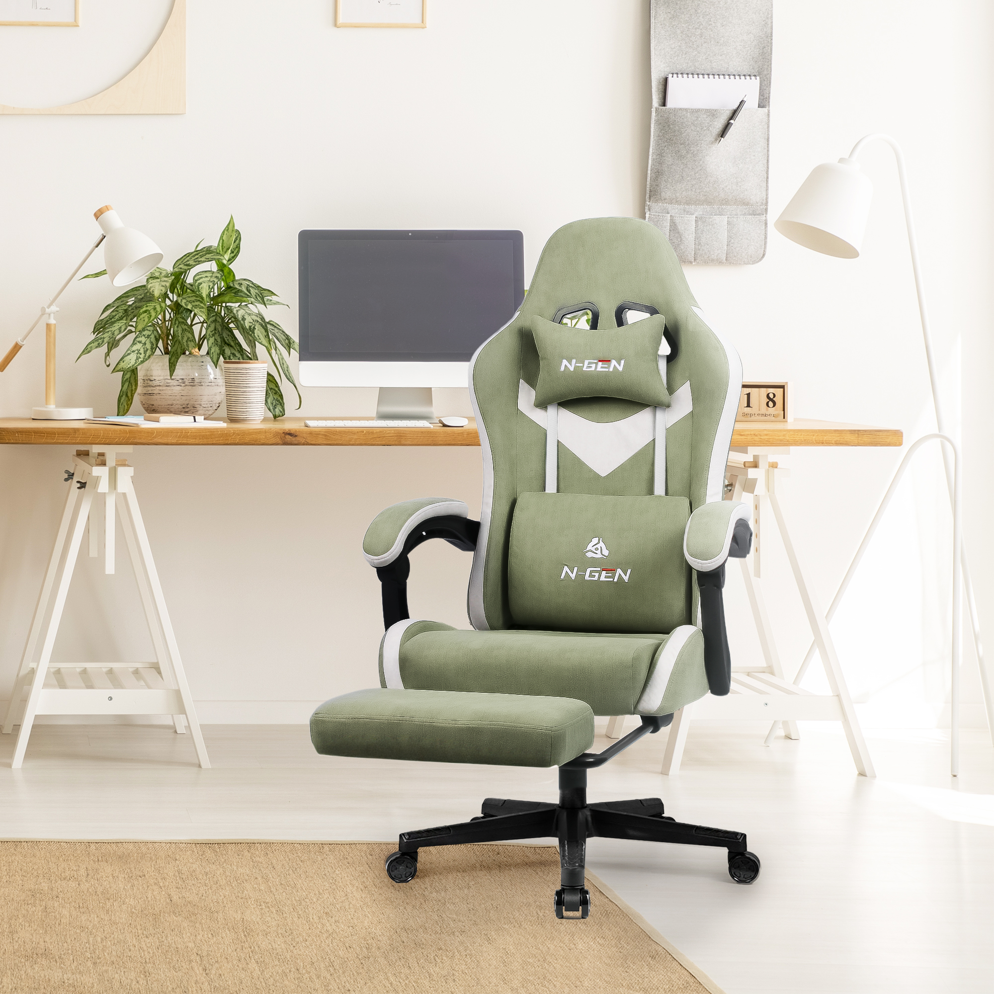 CELTOSS Adult Gaming Chair with Footrest and Lumbar Pillow, Green