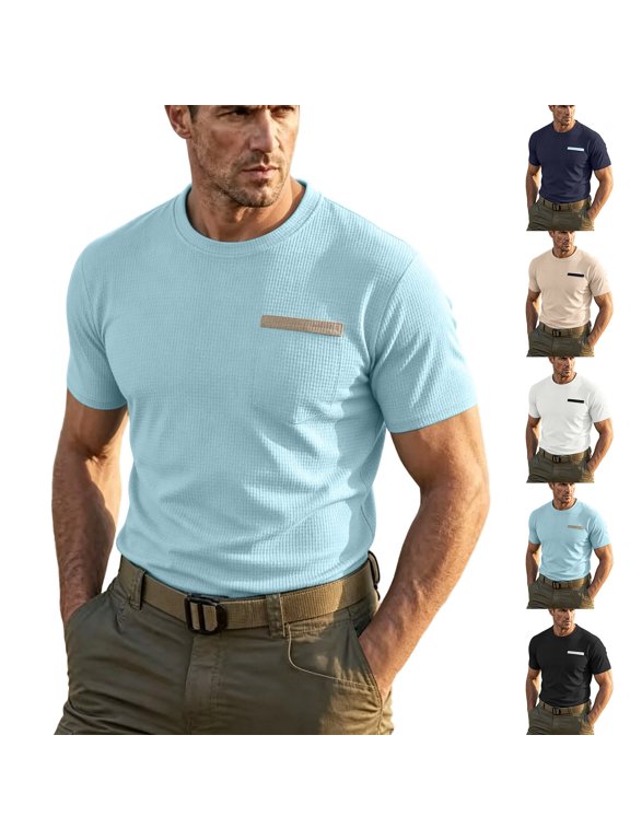AESTIVO Men's Classic Fit Short Sleeve Tops, Crew Neck Pocket Tees, Casual Streetwear Shirts, Logo Patch Design, for Work Vacation, Black L