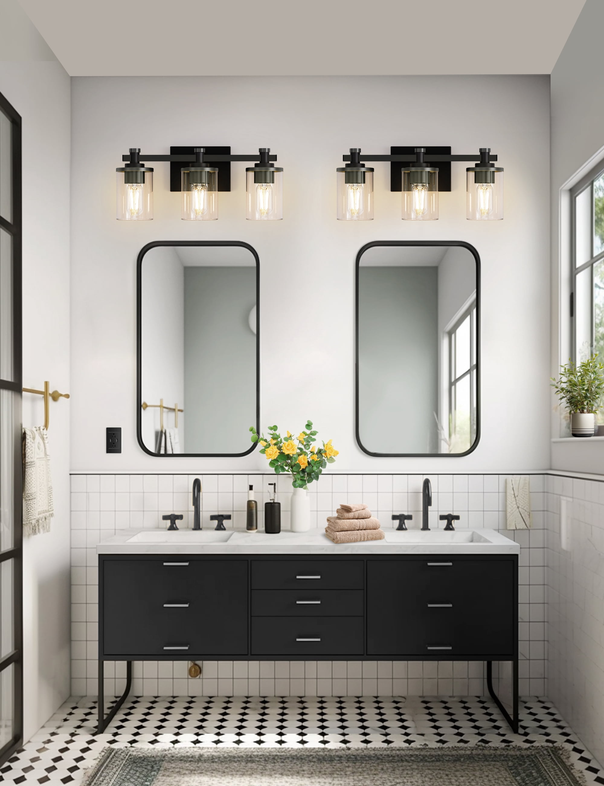 YANSUN 19 in 3-Light Black Vanity Light Bar with Clear Glass Shades E26 Base for Bathroom Mirror, Hallway, Entryway