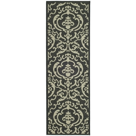 SAFAVIEH Courtyard Dara Damask Indoor/Outdoor Runner Rug Black/Sand, 2'3" x 6'7"