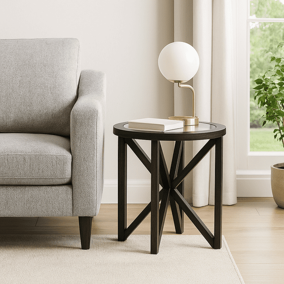 Homy Casa Modern Glass Top Side Table for Living Room Reading Nook, Black Accent Table