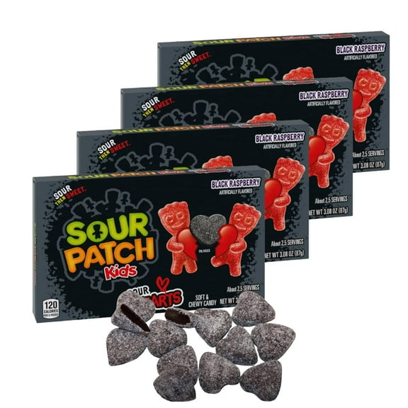 Black Raspberry Sour Hearts Candy, Soft & Chewy Holiday Treat, Valentines Day Gifts Party Favors Gift Basket Stuffers Fillers Decorations, 3.08-oz Box (Pack of 4)