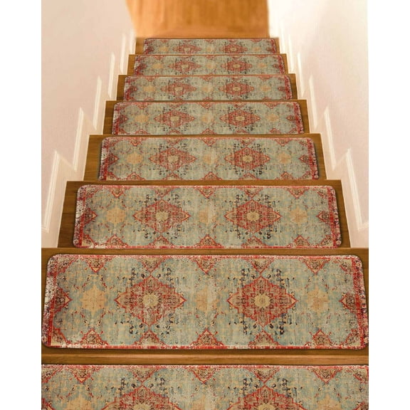 Western Rustic, Stair Treads for Wooden Steps Indoor Runner Rug Carpet, Vintage Shabby Chic Tribal Patterns Ethnic 4 Pieces Peel and Stick Staircase Step Treads Covers Washable Door Mats 30"x8"
