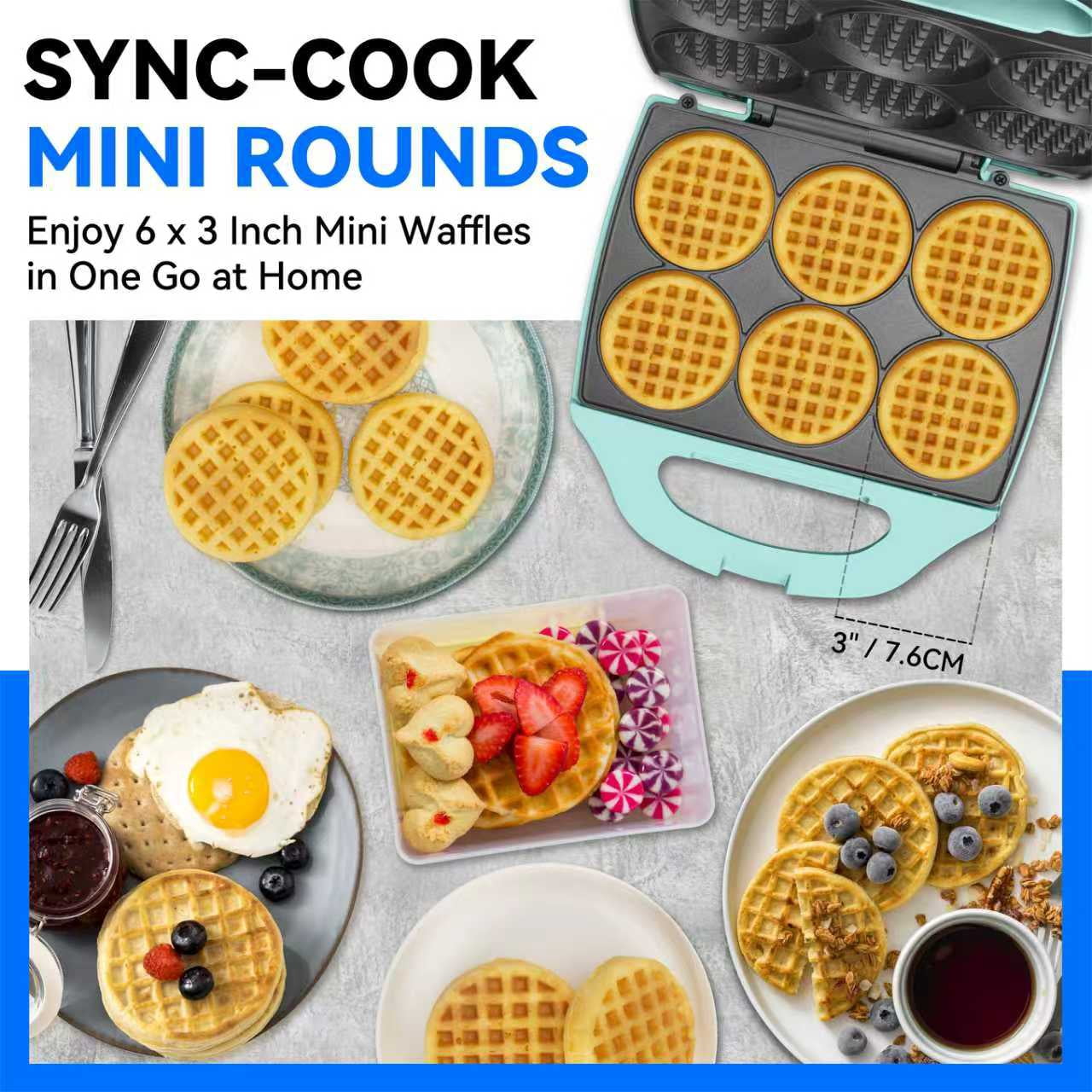 Mailand 6 x 3'' Multi Mini Waffle Maker Machine, Small Waffle Bites Iron, Non-stick, Aqua