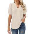 thumbnail image 2 of Sweet Home Farm V Neck T Shirts for Women Tops Puff Short Sleeve Shirt Pleated Floral Printed Tunic Blouse Short Sleeve Shirts for Women Beige, 2 of 9