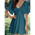 thumbnail image 6 of Women Summer Deep V Neck Elegant Bow Tie Mini Dress Sea Blue S, 6 of 7