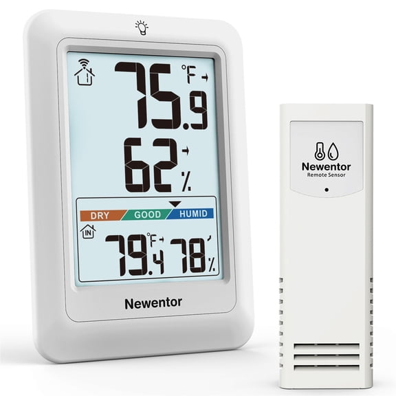 Newentor Portable Indoor Outdoor Thermometer, Wireless Weather Station with 1 Remote Sensor, Temperature and Humidity Monitor, ℉/℃ Switchable, Air Comfort Indicator, White