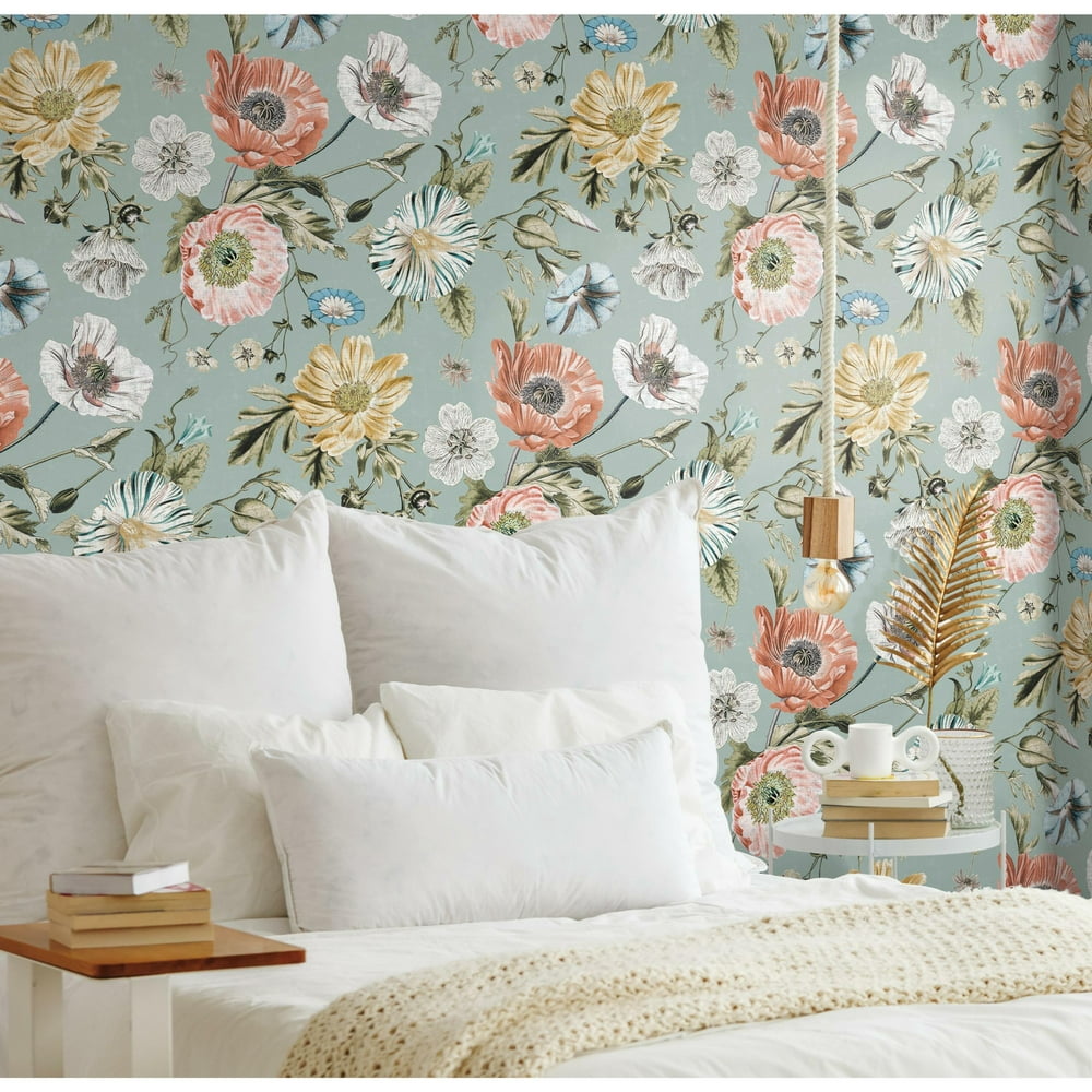 RoomMates Vintage Poppy Teal Blue Floral Peel and Stick Wallpaper