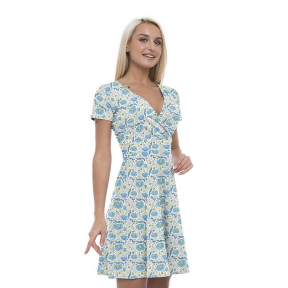 Women’s A Line Blue Floral Summer Dress, Retro Triangle Arrangement, Cross Wrap V Neck, 6 Sizes, by Ambesonne