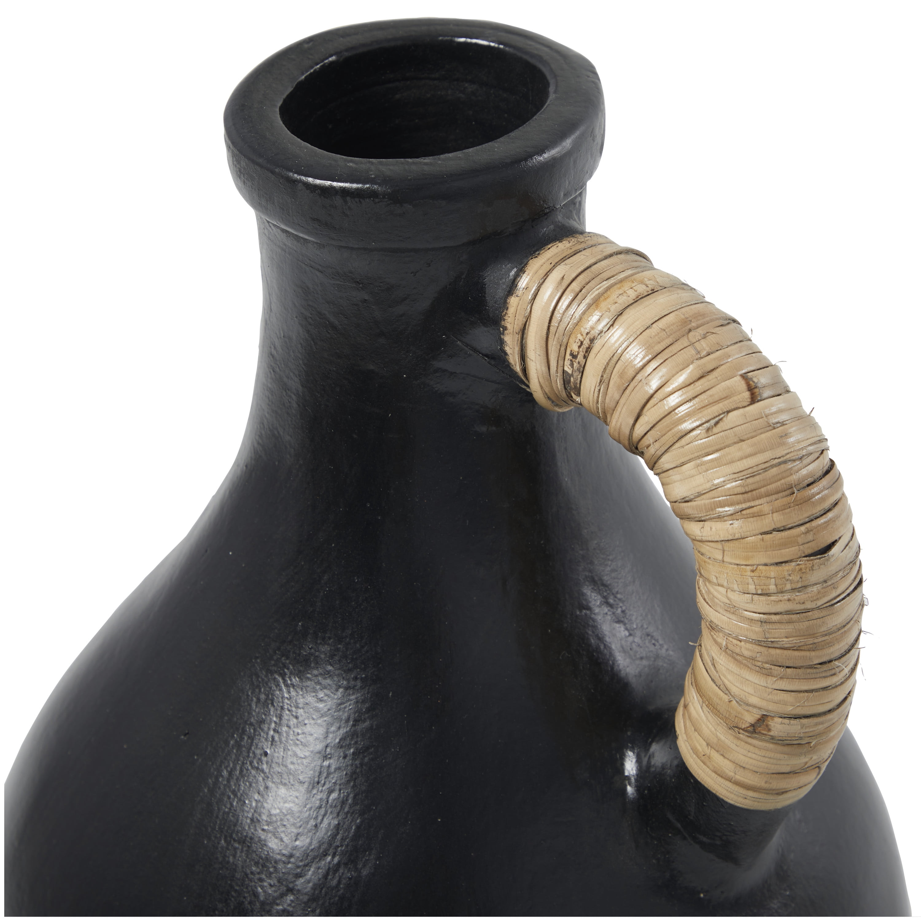 DecMode 18" Jug Inspired Black Ceramic Vase with Rattan Wrapped Handle
