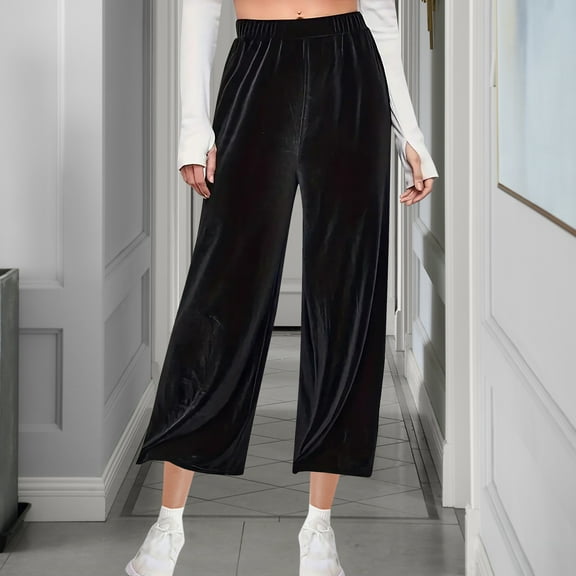Feancey Velvet Capri Pants for Women Elastic High Waist Wide Leg Capris Velour Casual Palazzo Pants Dressy Elegant Party Cropped Trousers Holiday Gifts Black S