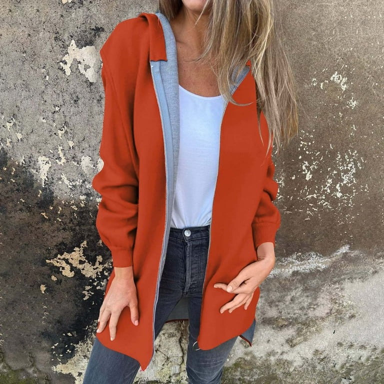 Burnt Orange for Women Winter Fall Long Hooded Cardigan Plain