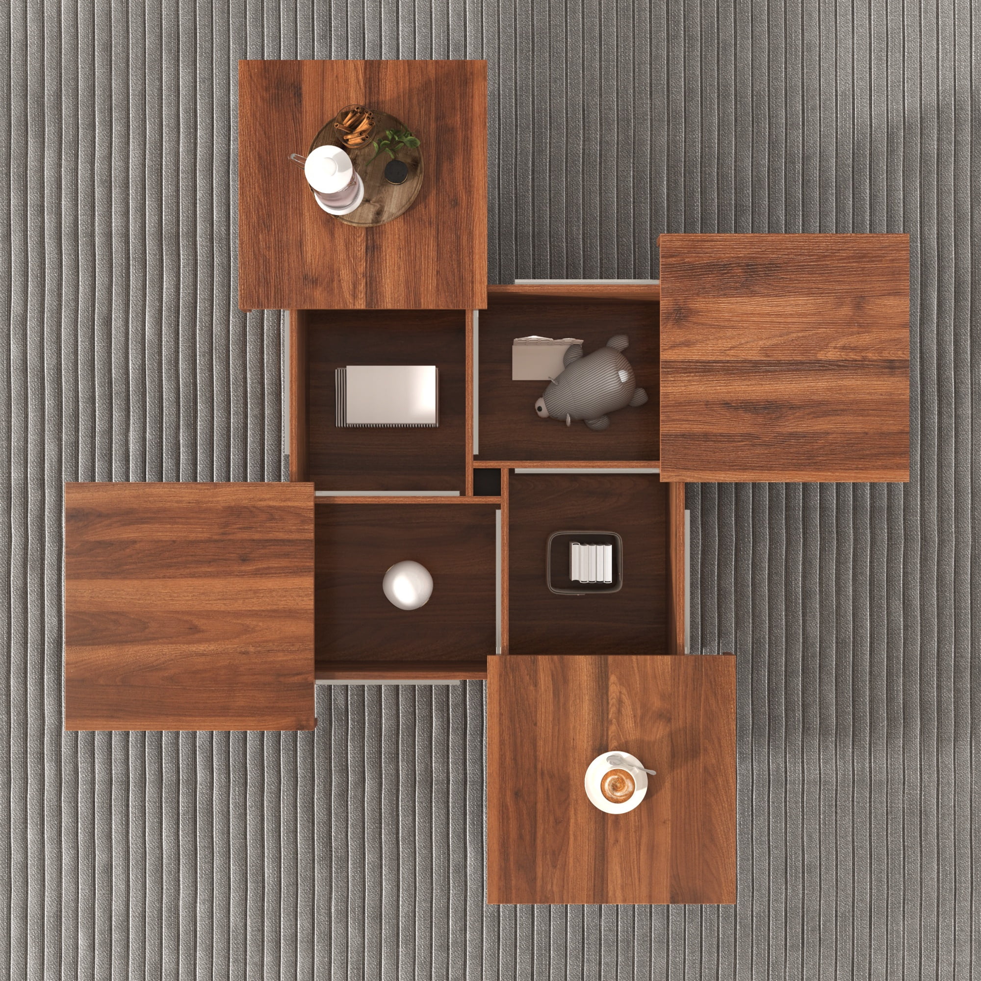PORKISS Square Coffee Table, Modern Coffee Table with Sliding Top and Storage Space, Cocktail Table with Storage and Grain Veneer Finish, Freestanding Storage Coffee Table for Living Room, Walnut
