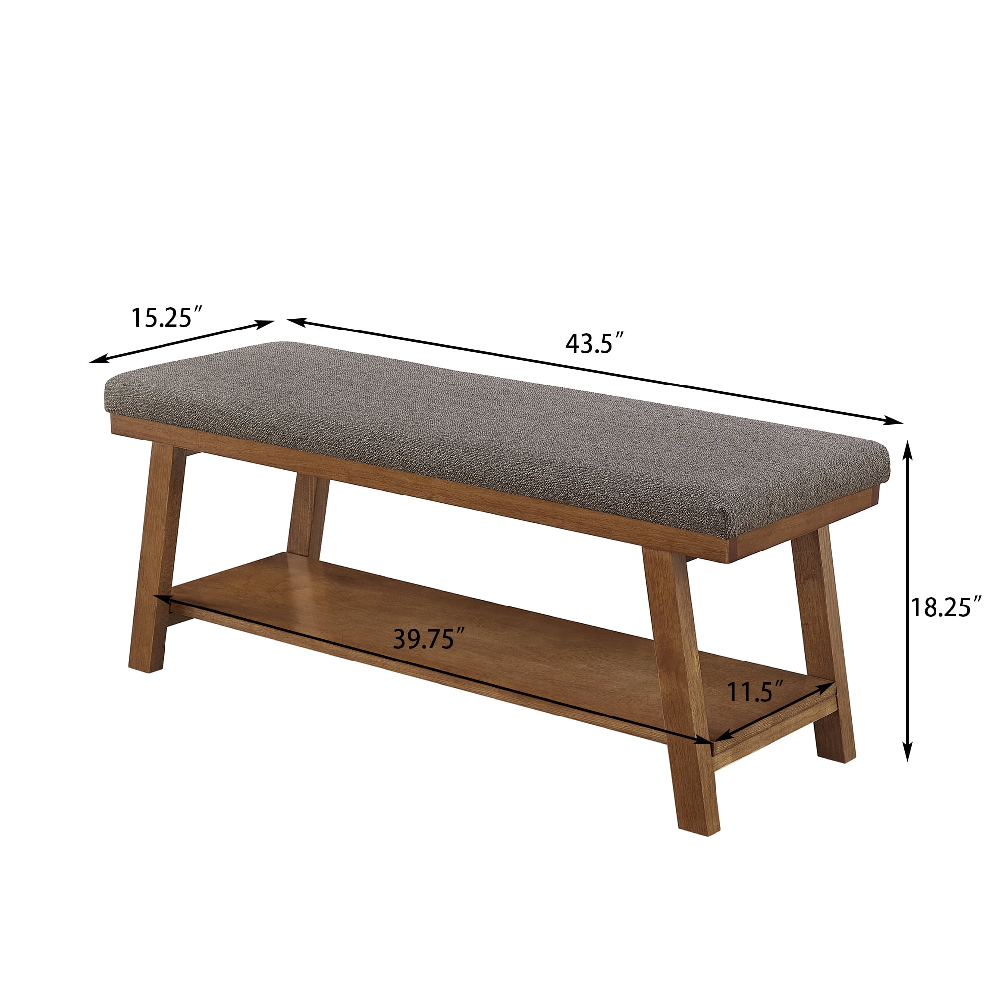 Leumius Upholstered Bench with Storage Shelf,Modern Linen Fabric with Cushioned Seat for Bedroom, Entryway, Living Room,350 lbs Capacity,Granite