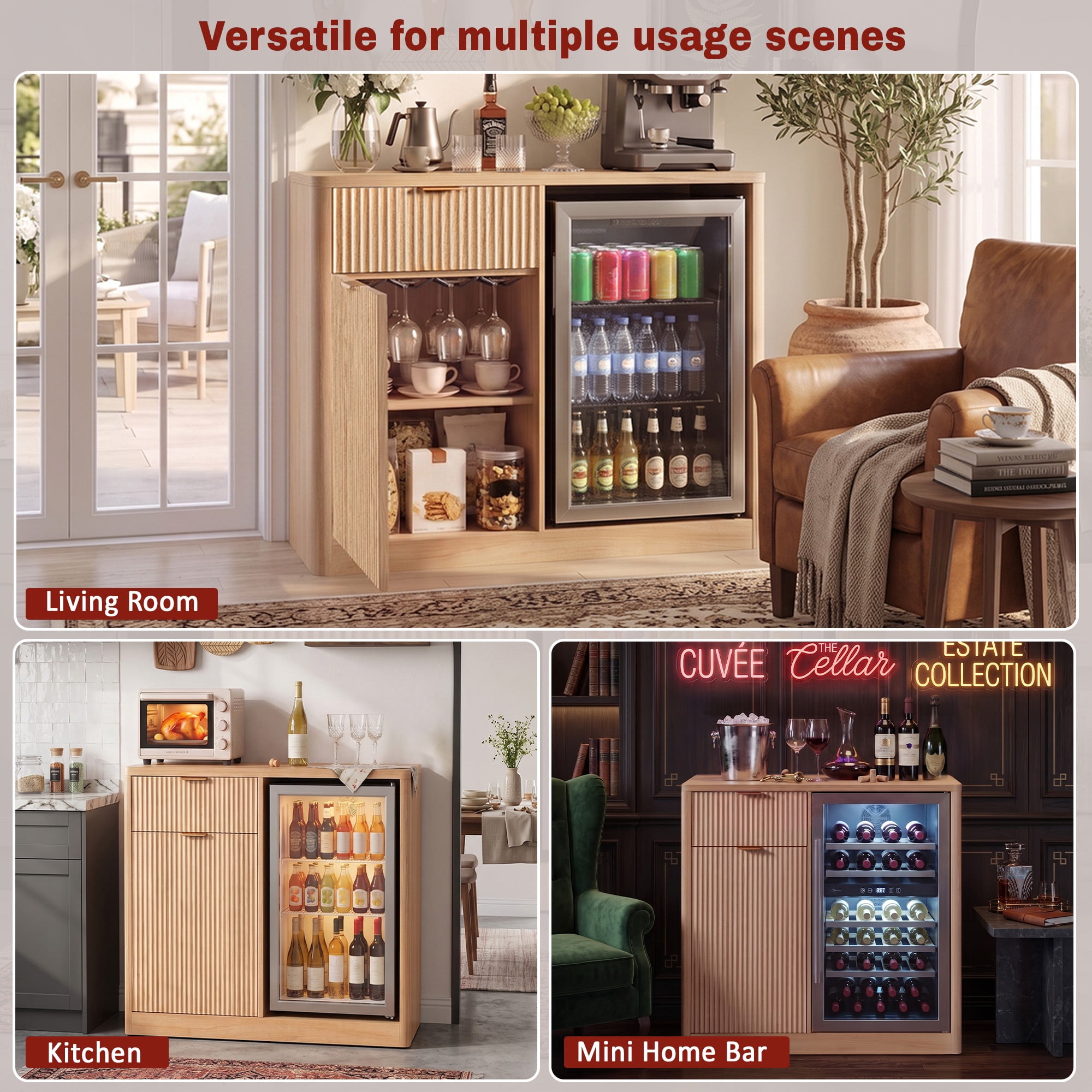 PORKISS Coffee Bar Cabinet with Fridge Space, Fluted Mini Fridge Cabinet with Power Outlets, Drawer & Adjustable Shelf, Modern Liquor Cabinet with Wine Glass Rack for Living Room/Kitchen, Natural