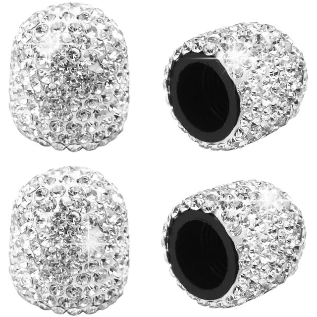 4 Pack Bling Valve Stem Caps, Sparkling White Handmade Crystal Rhinestone Universal Car Tire Valve Caps Bling Car Valve Stem Covers Chrome Attractive Dustproof