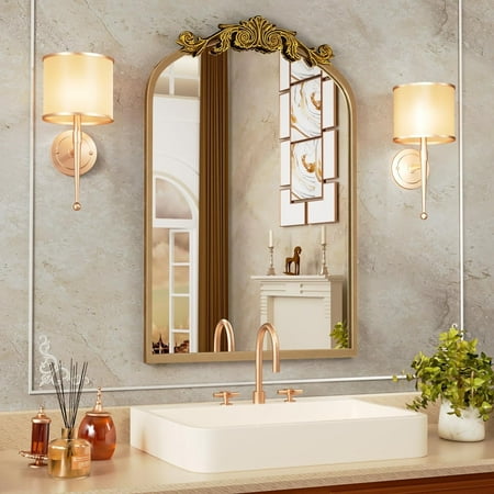 Swafrrt 24  x 36  Antique Gold Arch Mirror Vintage Wall Mirror Decor with Alumium Alloy Frame  Traditional Baroque Gold Bathroom Mirror for Wall  Tempered Glass  Hangs Vertical or Leans
