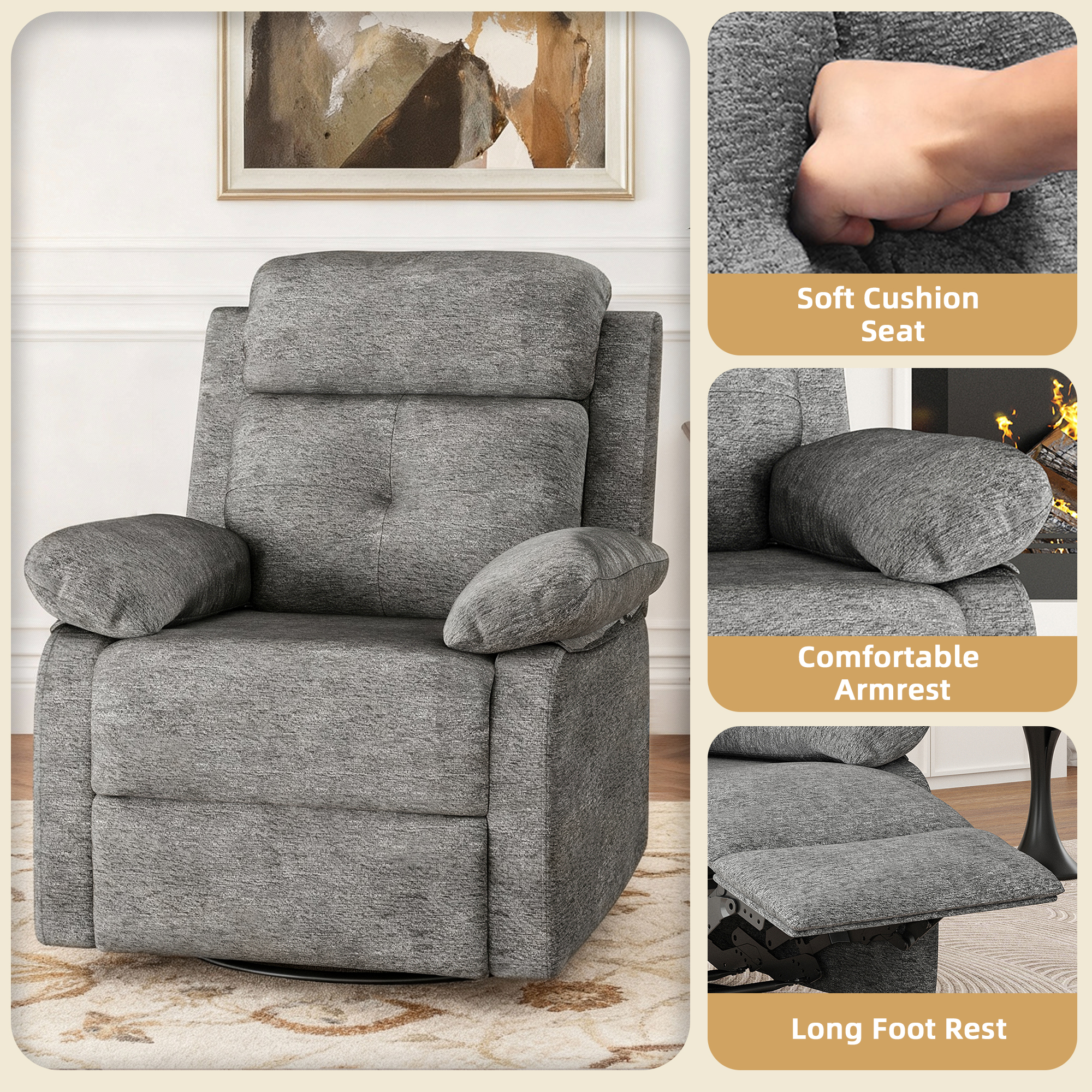 MAYEERTY limestone Small Swivel Rocker Recliner for Women, Space-Saving Design for Bedroom & Living Room