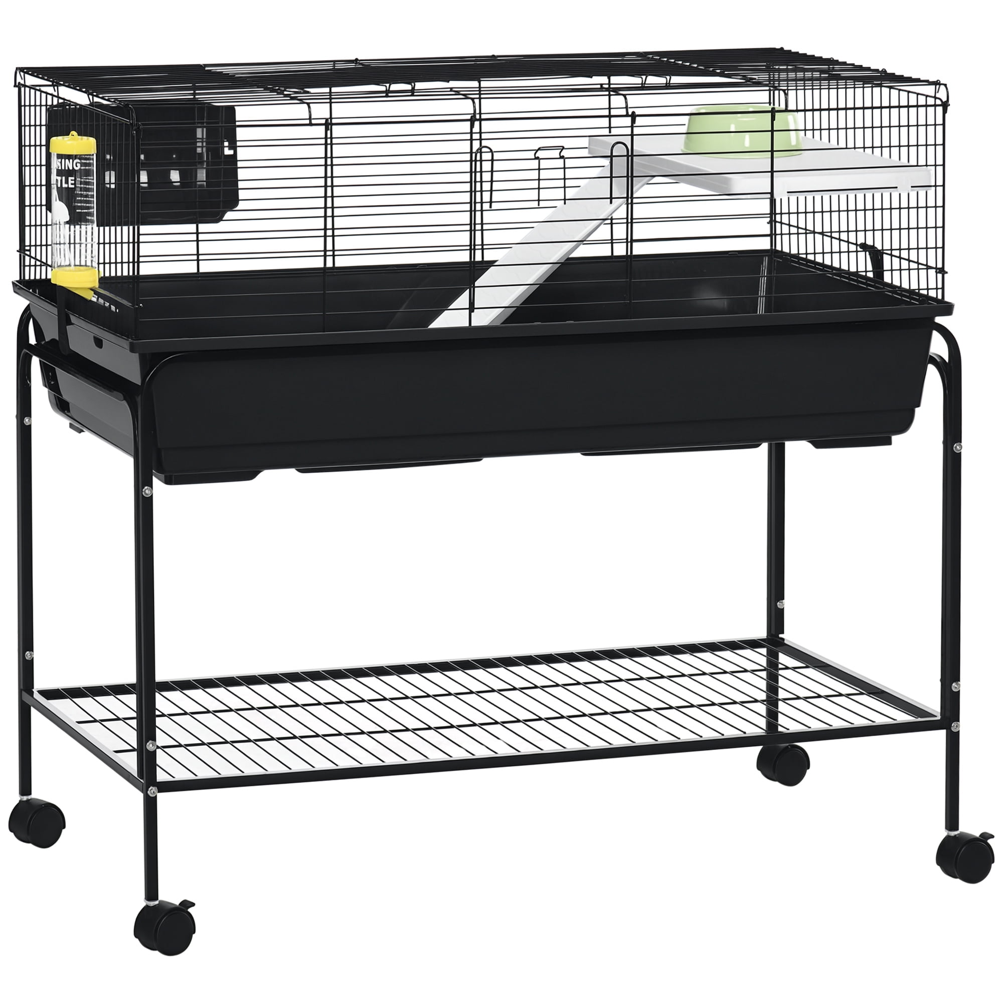 PawHut Two-Story Small Animal Cage Removable from Stand, Guinea Pig, Hedgehog, Chinchilla, Ferret, Shelf & Wheels, Pet Habitat, 39" x 20.5" x 36.5"