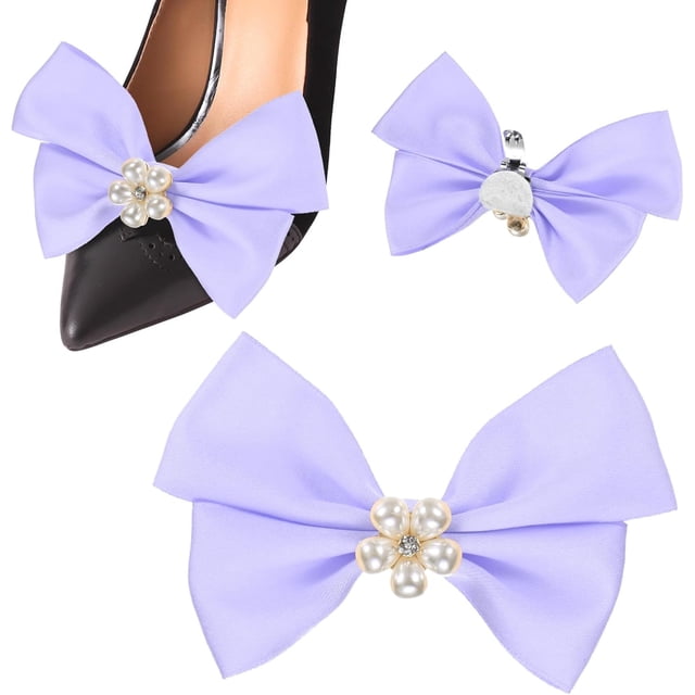 2-Pack Bow Shoe Clips, Satin Elegant Detachable Buckle Bridal Heels Accessories with Pearl Rhinestone for Wedding