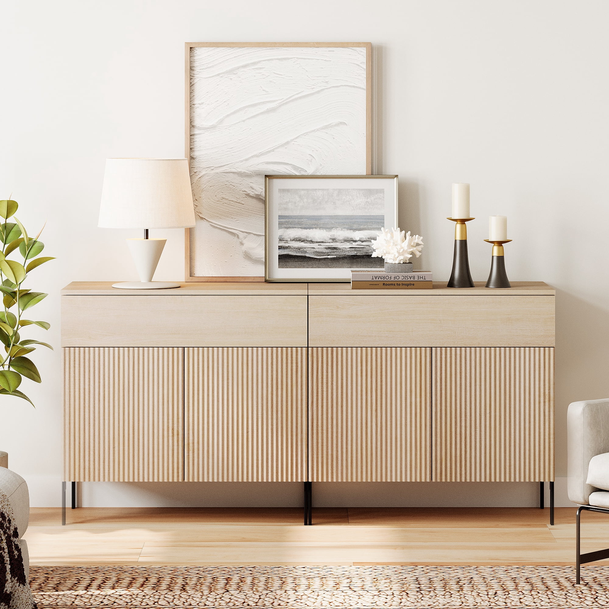63" Wooden Reeded Sideboard with Doors and Drawers, 2-In-1 Modern Credenza Storage Cabinet for Kitchen, Dining Room