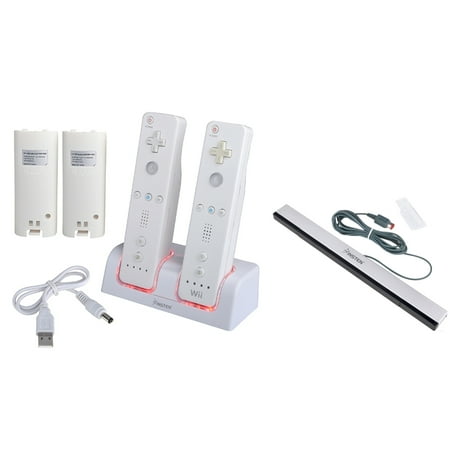 Insten White Remote Control Dual Charging Station + Wired Sensor Bar For Nintendo Wii / Wii U