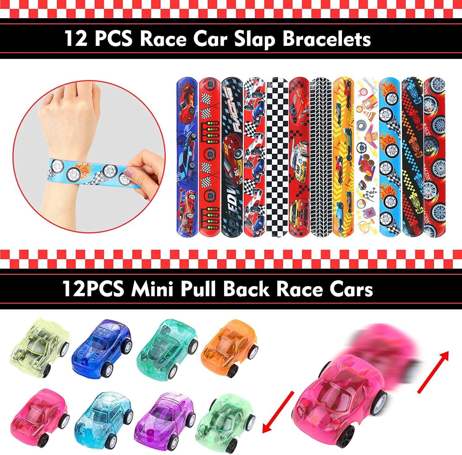 12 Pack Race Car Birthday Party Favors Set for Boys Kids Keychains Straws Slap Bracelets Mini Race Cars Sticker Racing Car Theme Birthday Party Supplies Baby Shower Treat Gift Goodie Bag Pinata Filler