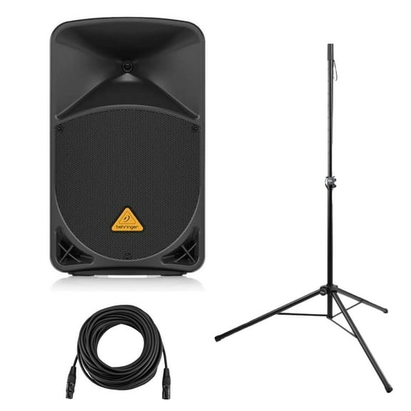 Behringer Eurolive B112D 1000W 12" Powered PA Speaker System with Wireless Option and Integrated Mixer, Bundle with 6' On-Stage All-Steel Speaker Stand and 50' XLR Cable