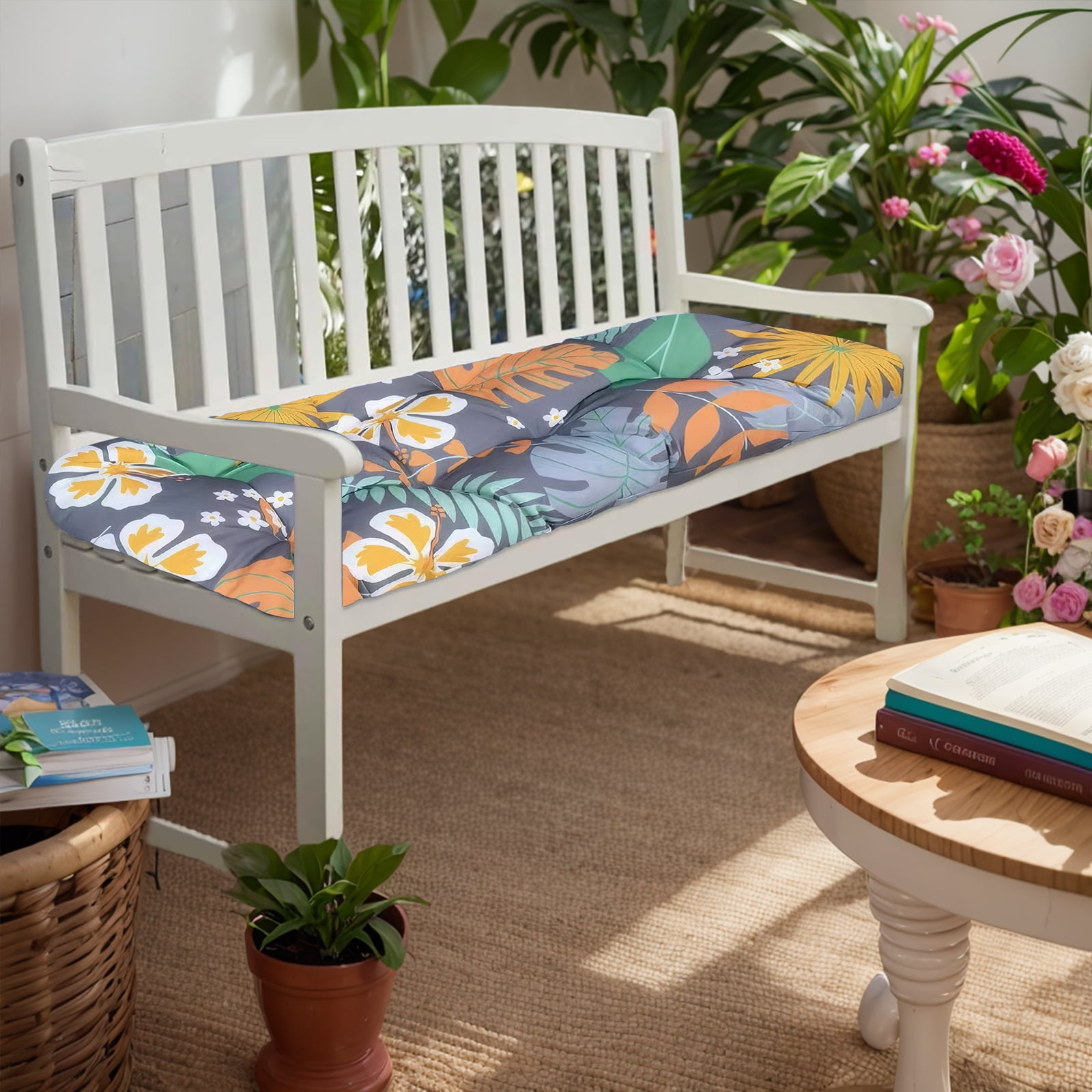 Eurhowing Thick Outdoor Bench Cushion, 52"x20"x4" Waterproof Fade-Resistant Porch Swing Cushions with Ties, High-Density Patio Garden Furniture Cushion, Floral