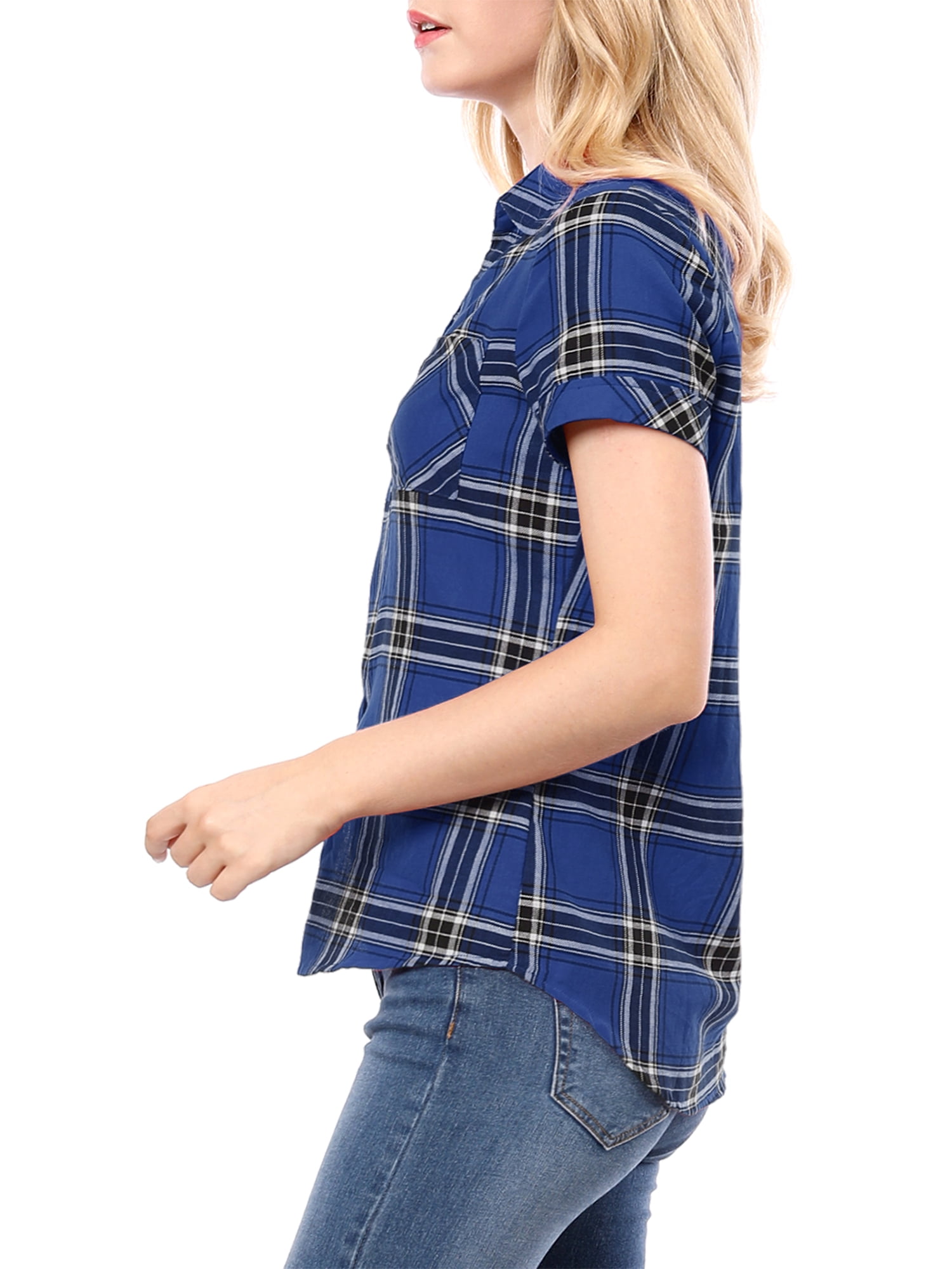 DARING DIVA Women's Casual Boyfriend Plaid Button Down Flannel Shirt L Blue
