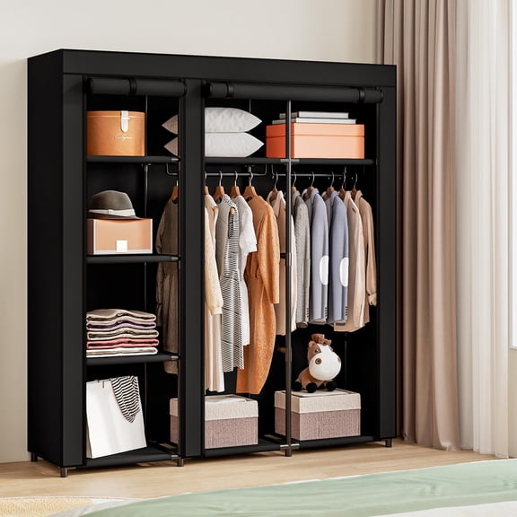 Portable Closet Wardrobe Storage Organizer Metal Hanging Rack Non-Woven Fabric 50 Inch Furniture Bedroom