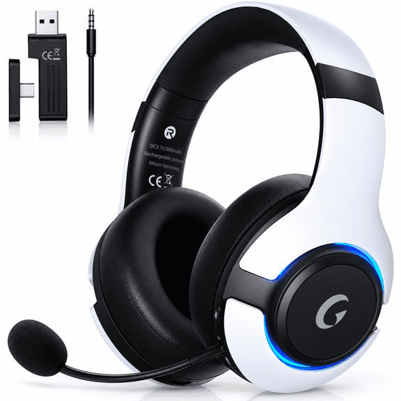 AYEDLOE 2.4GHz Wireless Gaming Headset for PS5, PS4, PC, Switch , Bluetooth 5.3 Gaming Headphones, Noise Canceling Mic, 45H, RGB, Black-White