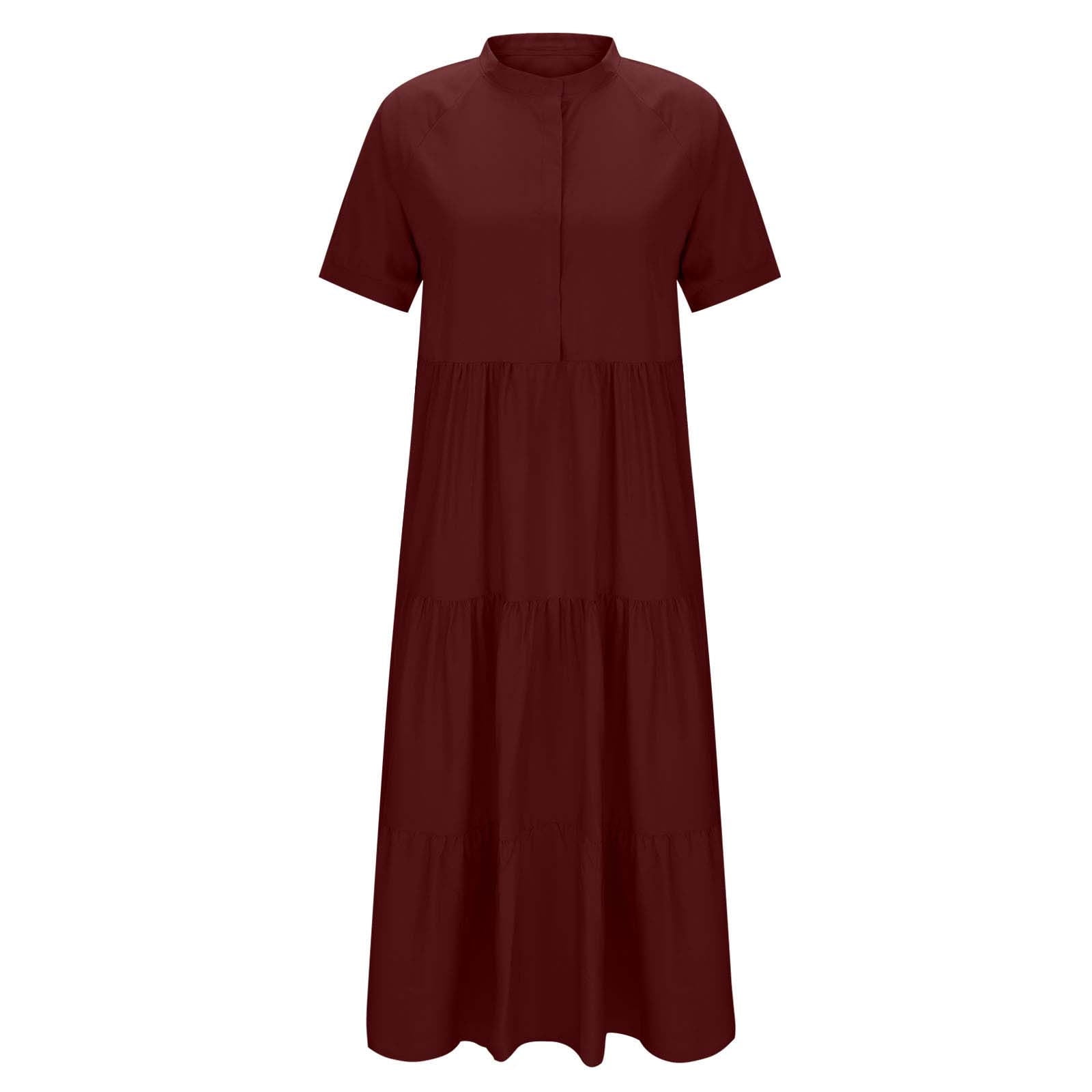 Sentmoon Maxi Dress with Sleeves Delightful 2026 Summer Solid Color Hawaiian Dresses for Women Short Sleeve V Neck Button Down Business Pleated Stretchy Regular Fit House Dress