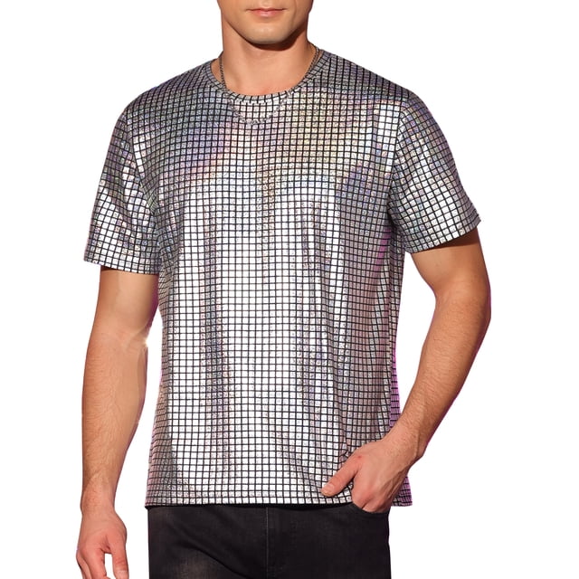 Camiseta metálica INSPIRE CHIC para hombre, cuello redondo, mangas cortas, camiseta brillante con brillo, L plata