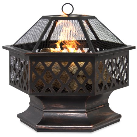 Best Choice Products 24in Hex-Shaped Steel Fire Pit Decoration Accent for Patio, Backyard, Poolside w/ Flame-Retardant Lid - (Best Chinese Pit Bike Engine)