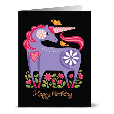 Unicorn Birthday Card - 24 Happy Birthday Note Cards - Happy Birthday Unicorn with Black - Blank Cards - Lilac Purple Envelopes Included