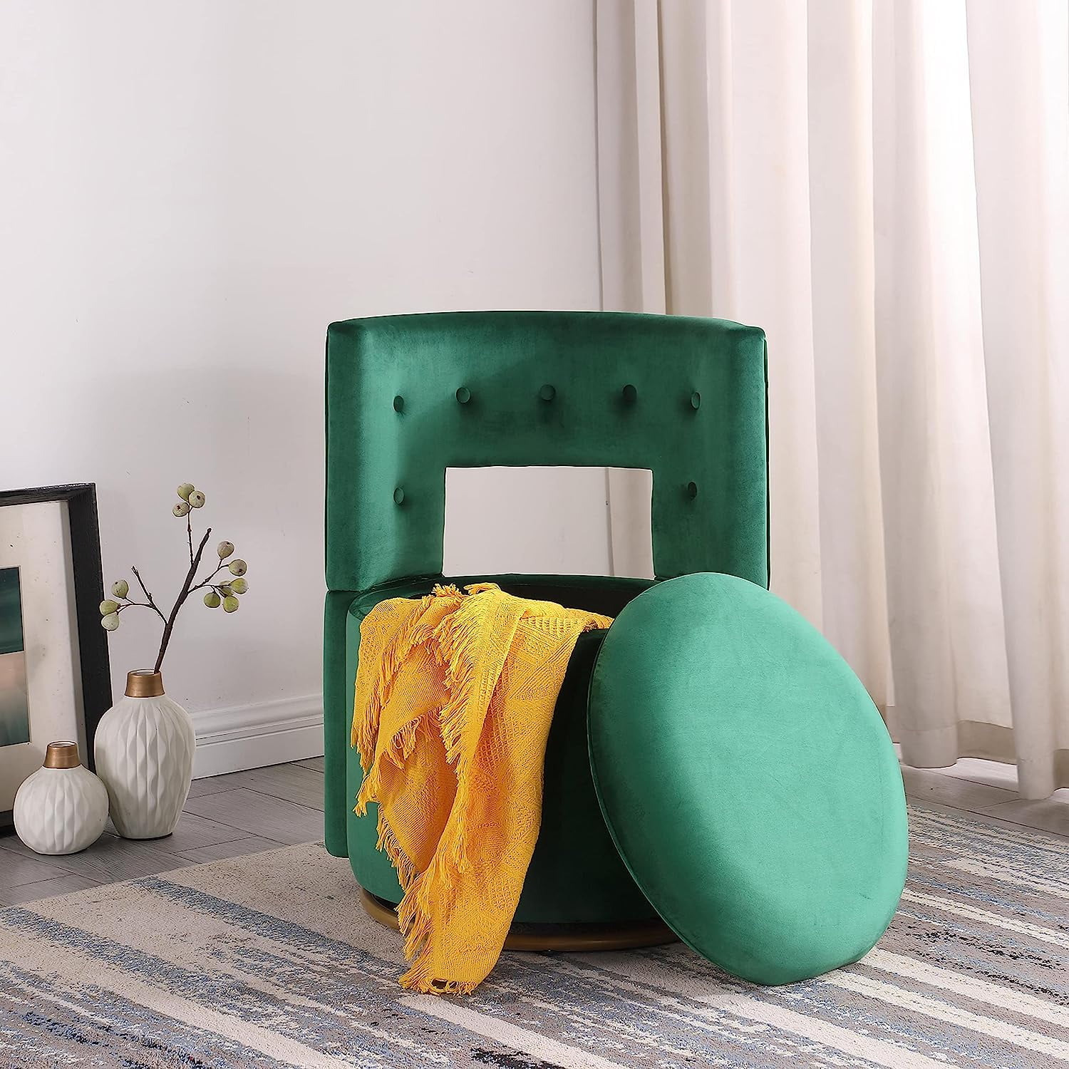 Swivel Accent Chair with Storage, Velvet Upholstery and Gold Metal Base