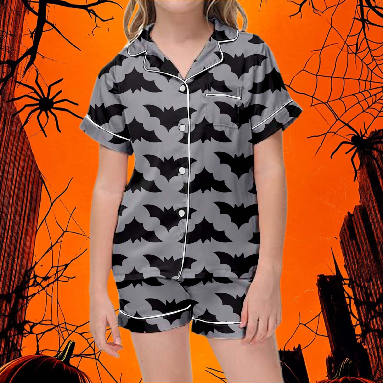 Pyjama Femme Halloween 2 Pièces - Haut Manches Longues + Pantalon | Imprimé Citrouilles Chauves-Souris | Tenue Confort Maison Ou Déguisement
