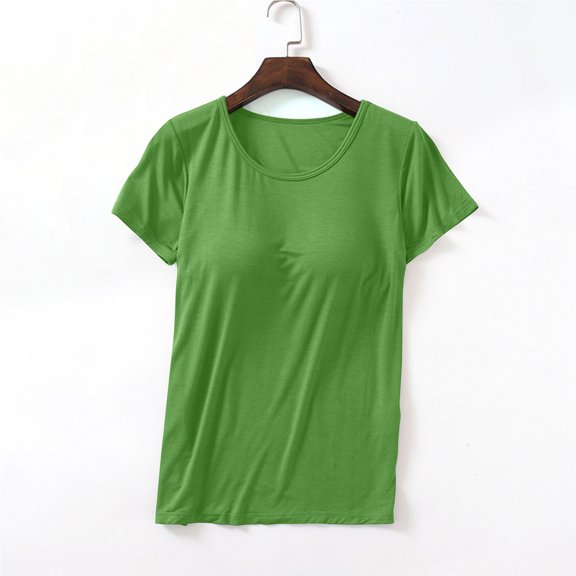Frnrwgo Womens Pajama Tops with Built-in Bra Comfort Loose Casual Top Solid Color Round Neck Loungewear for Summer