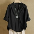 thumbnail image 2 of Olyvenn Linen Shirts for Women Summer 2025 Womens Shirt Solid 3/4 Sleeve Tunic Tops Oversized Tshirts Casual V Neck Blouses Black S, 2 of 9
