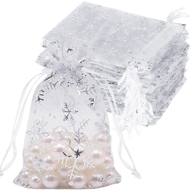 Paquete de 100 bolsas navideñas de organza con copos de nieve de 4 x 6 pulgadas, bolsas pequeñas de malla blanca para baratijas, bolsas pequeñas con cordón para dulces esquí esquí Gafas de esquí
