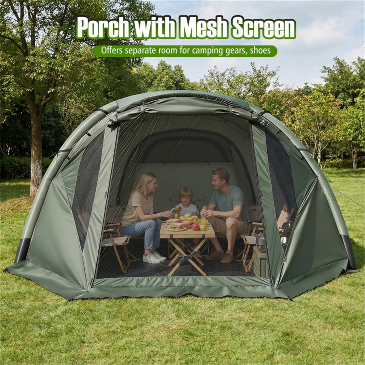 5-7 Person Inflatable Camping Tent with Screened Porch Green Waterproof PU2000mm Family Cabin Tent for Outdoor Camping Portable with Hand Pump