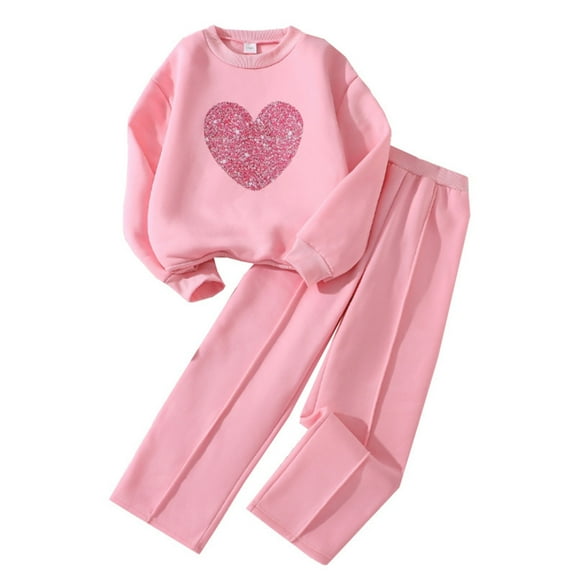Odeerbi 8-13 Years Kids Girls Valentines Day Outfits Love Print Cotton Crewneck Sweatshirts Wide Leg Pants Casual Sweatsuits Two-Piece Set Kids Girls Clothes