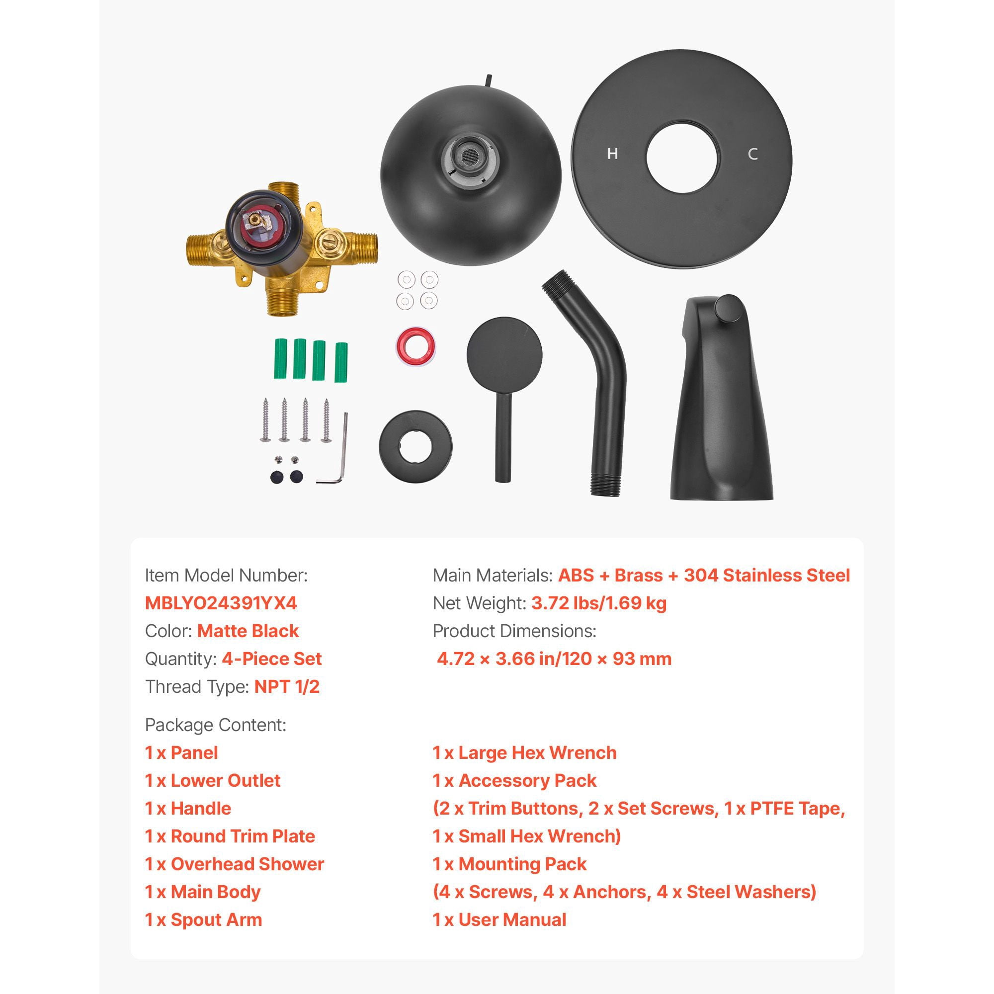 Tub and Shower Faucet Set 4-Piece Pressure Balancing Valve 9 Shower Modes Matte Black for Bathroom